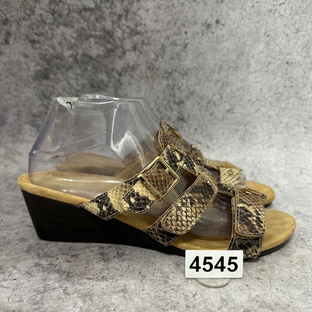 Vionic Radia Wedge Sandals Womens 8 Brown Snake Orthopedic Strappy Buckle